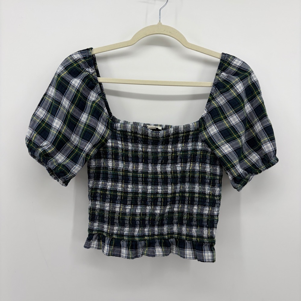 American Eagle Womens XS Green Plaid Smocked Puff Sleeve Square Neck Crop Top